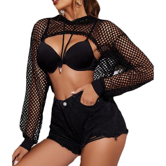 🆕Women’s Black Mesh Hoodie Crop Top Long Sleeve Fishnet Shirt Polyester - Picture 1 of 7